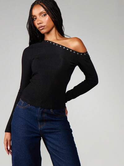 MISSGUIDED 긴팔 오프숄더 아이릿 리브드 탑