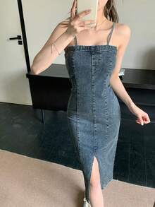 DAZY Women's Fashionable Denim Suspender Midi Dress With Slit - Dark Wash - View 6