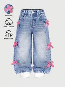 Elladie kids 复古做旧时尚个性前片开衩漂白牛仔阔腿修身百搭四季蓝色休闲裤90年代儿童少女牛仔裤，粉色蝴蝶结装饰，Y2K风格童装女童款 - 中等水洗藍 - 查看 3
