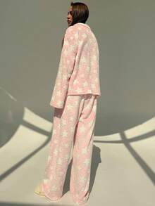 Aloruh 粉色星星印花保暖衬里衬衫和裤子套装，适合秋冬居家和户外穿着 - 淺粉色 - 查看 3