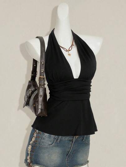 SHEIN ICON Halloween Women's Halter Backless Black Babydoll Tank Top  Backless Halter Top Peplum Top Women Halter Tops For Women