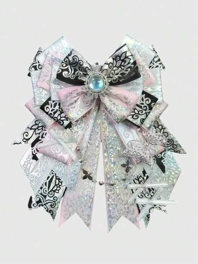 Anime 1pc Pink & White Cute Sweet Bow Y2K Vine Print Romantic Elegant Butterfly Christmas Snowflake Handmade Bow Keychain, Lolita Kawaii Accessory, Can Be Hung On Bags Or Pants