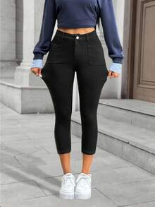 Flexra Women's Solid Color Elastic Skinny Pocket Casual Capri Jeans - Black - View 6