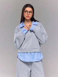 SHEIN 秋冬青少年卫衣拼布条纹梭织面料二合一上衣+裤子套装，设计。卫衣+梭织面料拼布打造层次感，经典条纹图案吸睛，二合一款式易穿百搭，舒适亲肤，适合春秋季日常穿着。 - 灰色 - 查看 3
