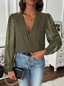 EMERY ROSE Solid Color Mesh Patchwork Criss-Cross Wrap Deep V-Neck Elegant Long Sleeve Bodysuit - Army Green - View 3