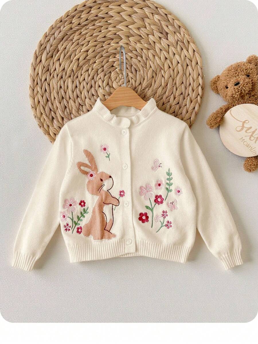 SHEIN LMoss Baby Girls Cute Cartoon Pattern Long Sleeve Cardigan Sweater, Versatile For Autumn/Winter, Baby Girl Design