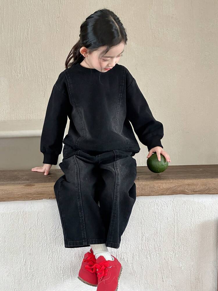 Young Girls Round Neck Washed Korean Street Style Round Neck Sweatshirt And Loose Fit Jeans Set