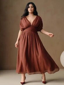 Anewsta Plus Size Women Summer V-Neck Sleeveless Ruched Waist Dress, Suitable For Beach Vacation - Brown - View 5