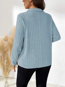 SHEIN LUNE Plus Size Women's Casual Everyday Simple Commute Solid Color Ribbed V-Neck Long Sleeve T-Shirt, Autumn - Blue - View 2