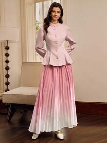 SHEIN Clasi Women's Solid Color Stand Collar Long Sleeve Single-Breasted Ruffle Hem Jacket And Ombre Pleated Midi Skirt Elegant 2 Pieces Set - Pink - View 3