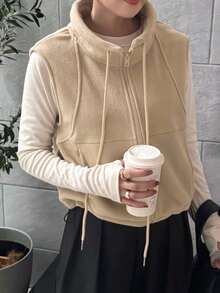 FRIFUL 女士休闲纯色无袖夹克，秋冬背心 - 卡其色 - 查看 5
