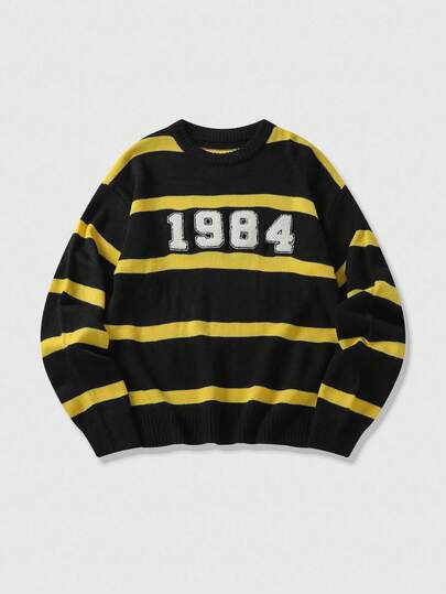 Street Life Men's Autumn Striped Numeric Embroidery Jacquard Knit Sweater