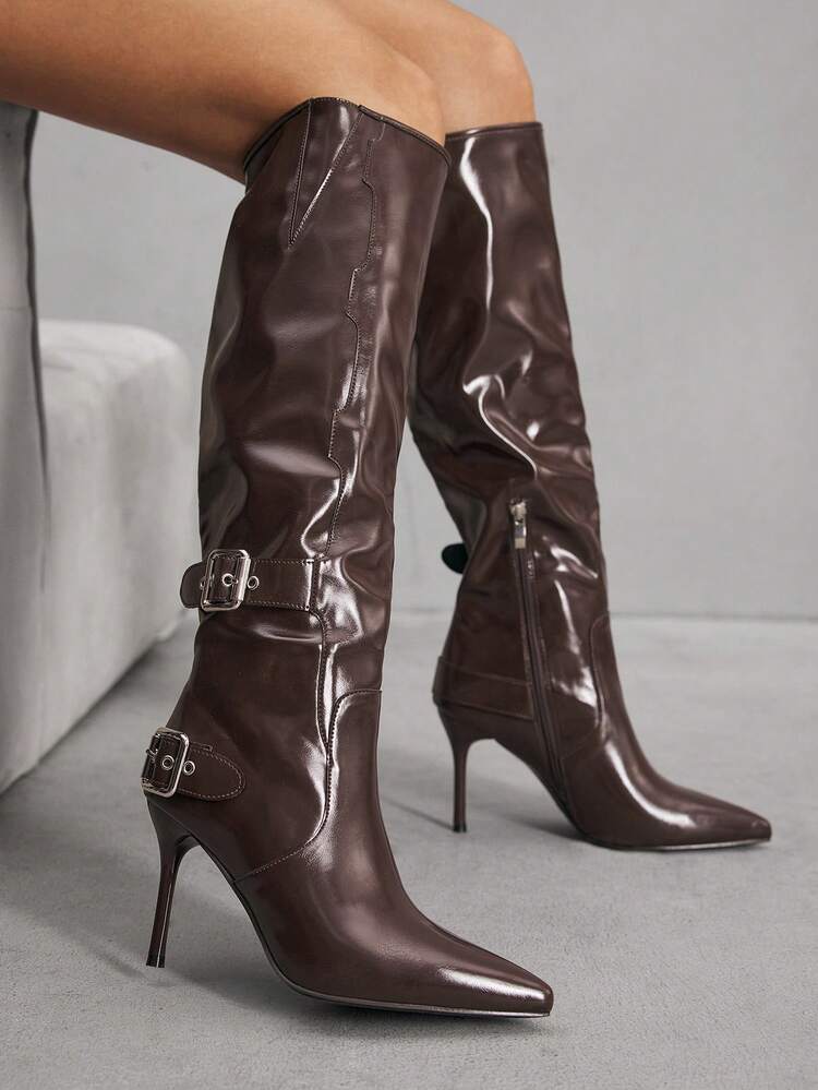 CUCCOO SZL Brown Side Zipper Pointed Toe Stiletto Heel Silver Button Fashionable Knee-High Boots For Women