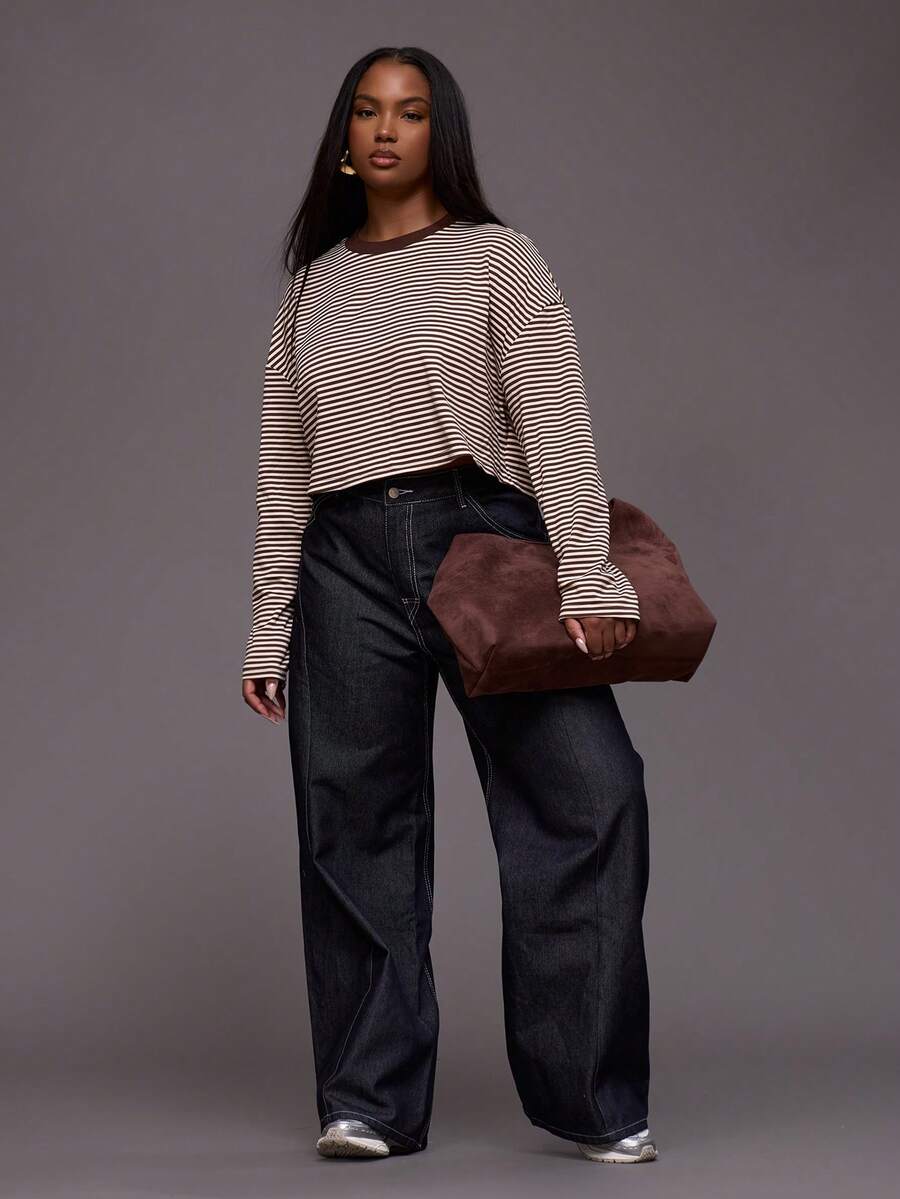 MUSERA 对比色缝线收腰后腰带细节直筒牛仔裤，日常休闲酷女孩街头风，未裁剪 - 藍色 - 查看 1