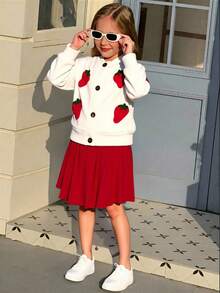 SHEIN Elladie kids Bộ áo len cardigan thêu hình quả dâu tây dễ thương cho bé gái kèm chân váy xếp ly. Áo len đan này có thiết kế thêu hình quả dâu tây rực rỡ, kết hợp với vải đan mềm mại, vừa thời trang vừa thoải mái. Kết hợp với chân váy xếp ly màu đỏ cổ điển, viền váy xếp ly tự nhiên tôn lên vẻ ngọt ngào và thanh lịch. Chất liệu mềm mại đảm bảo trải nghiệm mặc thoải mái, phù hợp với mùa thu/đông. - trắng - Xem 1