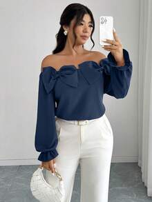 Elenzga Plus Size Women's Solid Color Bow Decor Off-Shoulder Long Sleeve Fashionable Blouse - Navy Blue - View 5
