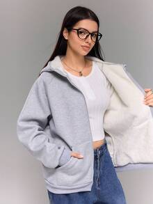 Teen Girl Solid Color Raglan Sleeve Zip-Up Casual Hoodie Jacket, Thermal Lined, Autumn/Winter - Grey - View 7
