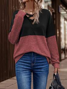 SHEIN LUNE 女式基本款休闲撞色V领长袖运动衫 - 彩色 - 查看 5