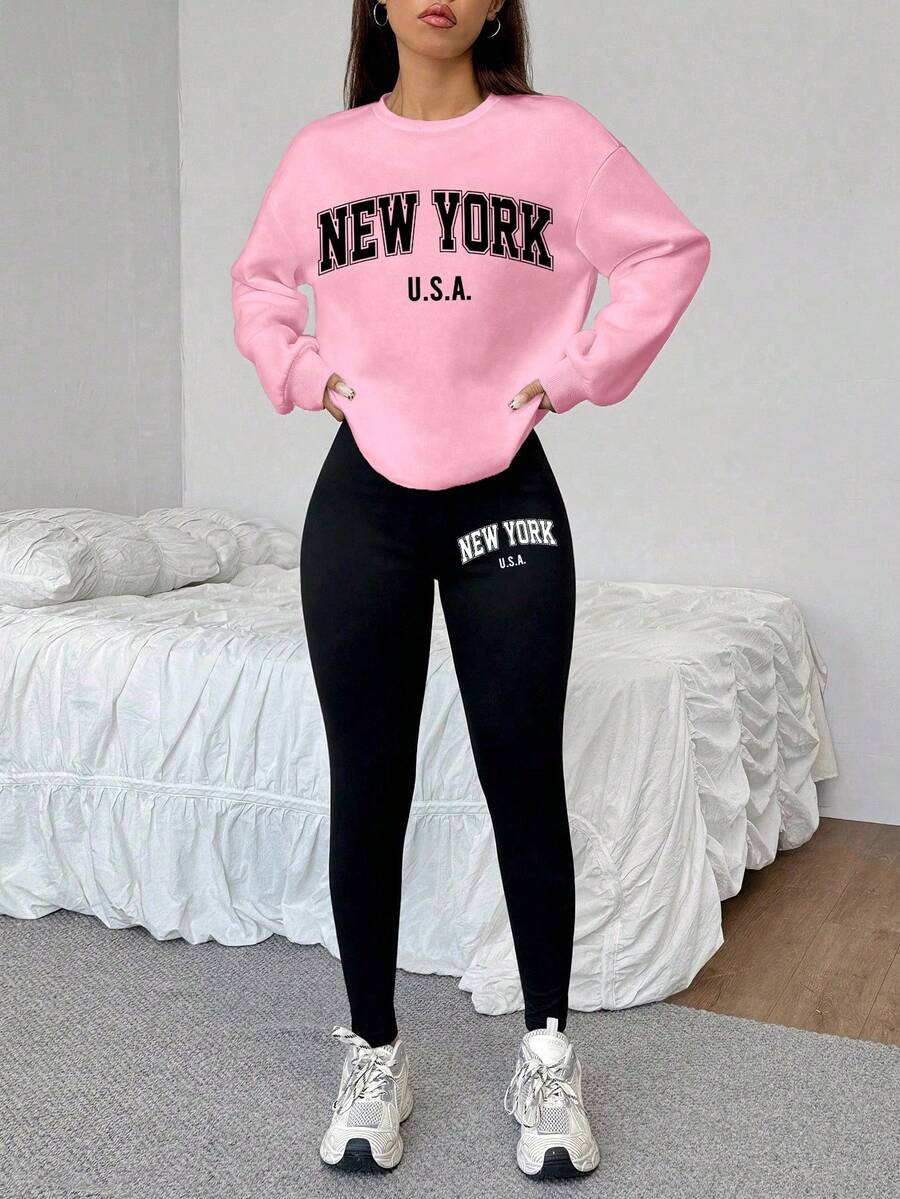 SHEIN EZwear 2 件纽约印花宽松圆领运动衫和紧身打底裤套装,秋冬 - 彩色 - 查看 1