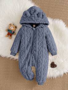 Cozy Pixies Baby Boy 3D Ear Solid Color Coral Fleece Long Sleeve Jumpsuit