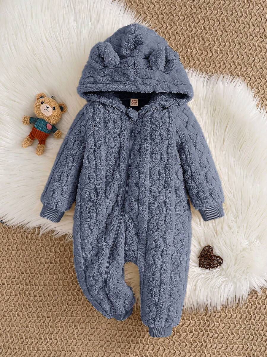 Cozy Pixies 男婴3D立体耳朵纯色珊瑚绒长袖连体衣 - 藍色 - 查看 1