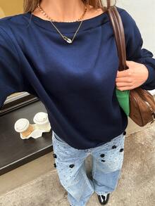 SHEIN Unity 海军蓝超大斜肩保暖内衬女卫衣，秋冬复古学院风，老钱风，谷仓风，秋季必备卫衣，日常出游，休闲居家，舒适简约，机场穿搭，日常慵懒风 - 藏蓝色 - 查看 6