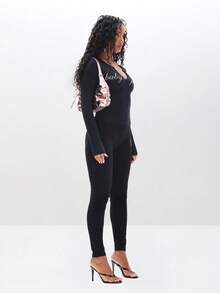 BABYPHAT Rhinestone Studded Long Sleeve Notch Neck Top With Statement Text Design For Fall Winter - Black - View 3