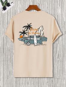 Manfinity Chillmode Men'S Printed Short Sleeve Summer T-Shirt With Beach Holiday Pattern On The Back - Apricot - View 2