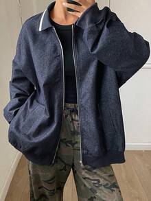 DAZY 女式翻领撞色宽松休闲街头夹克 - 藏蓝色 - 查看 1