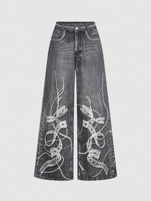 SHEIN MOD Women's Bow Decor Wide Leg Loose Casual Denim Pants Embellished Jeans Jeans With Designs Jeans Wide Leg Graphic Jeans Women Grey Wide Leg Jeans With White Lace And Pearl Embellished Pattern Casual Denim Trousers  Fall Clothes For Women Casual Jeans For Ladies Party Pants Christmas Clothes - Dark Grey - View 5