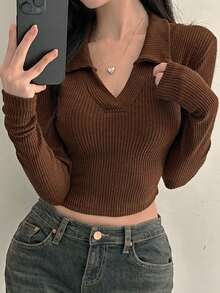 DAZY 女式休闲纯色 Polo 领修身短款 T 恤，秋季，返校服长袖女式上衣 - 鏽棕色 - 查看 5