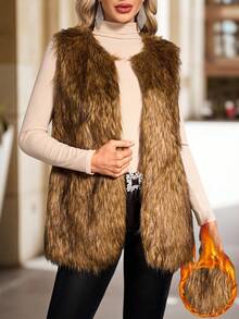 SHEIN Clasi 女士优雅精致仿皮草背心夹克，秋冬 - 卡其色 - 查看 1