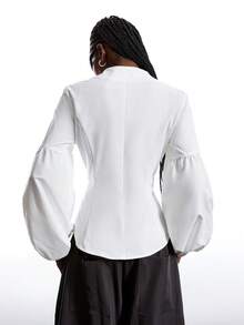 LYSMO 2025新款极简主义秋冬女装纯色荷叶边泡泡袖时尚衬衫，灯笼袖衬衫，泡泡袖衬衫，白色衬衫，优雅白色长袖衬衫 - 白色 - 查看 2