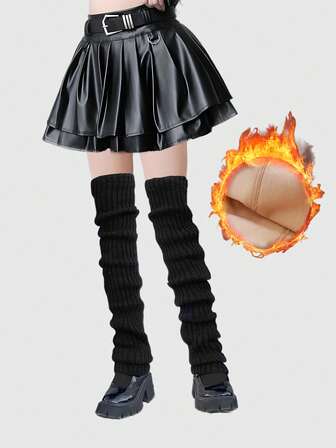 Kawaii 1 par de medias de terciopelo de tono cálido de piel + 1 par de calcetines negros hasta la rodilla, conjunto combinado de leggings y medias de unicolor estilo Y2K, conjunto versátil y elástico de mallas combinadas