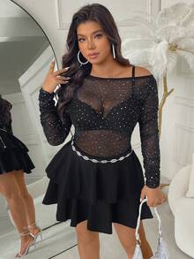 SHEIN Clasi بدلة نسائية كبيرة الحجم مثيرة من الشبك المرصع بالترتر، ضيقة الملائمة - الأسود - مشاهدة 4