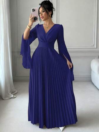 Lyxana V 领褶皱开袖优雅浪漫女式连衣裙长款女装