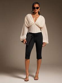 Hauture 女士性感柔软雪纺灯笼袖紧身胸衣衬衫浪漫优雅秋季风格 - 杏色 - 查看 5