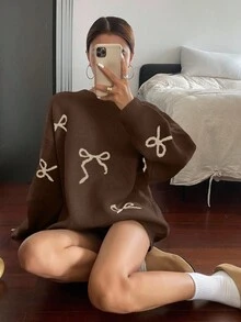 DAZY Women's Loose Fit Crew Neck Bow Jacquard Drop Shoulder Fashionable Knit Pullover Sweater - Brown - View 2