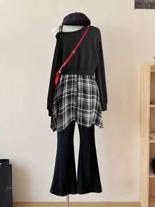 Franclia Plus Size Casual Solid & Plaid Patchwork 2 In 1 Long Sleeve Sweatshirt - Black - View 2