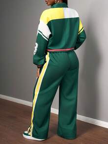 Slaydiva New Autumn/Winter Women's Back To School Outfit, Casual Business Streetwear, Retro College Style Jacket With Stand Collar Front Zipper Long Sleeve Cropped Top + Straight Leg Wide Pants With Slit Hem, Military Green Patchwork White Yellow Printed Logo, 2 Piece Set - Multicolor - View 5