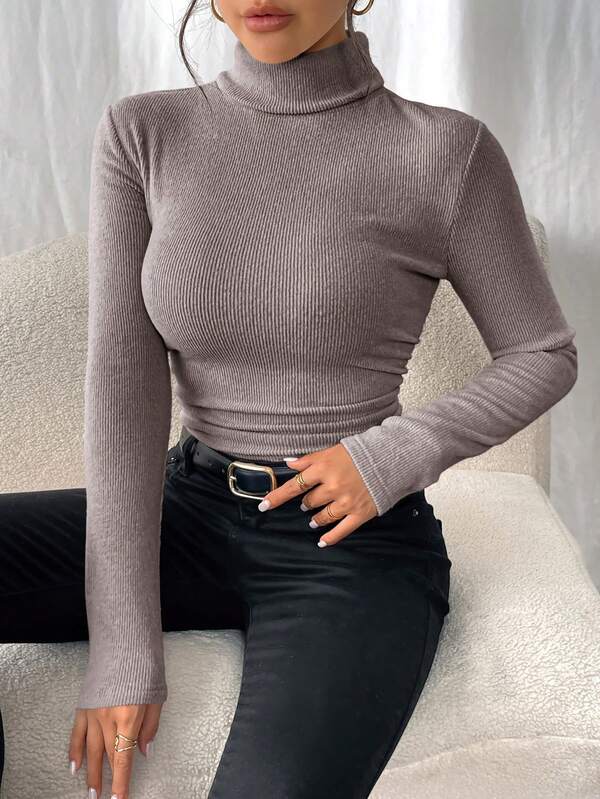 SHEIN Frenchy Women's Solid Color Turtleneck Long Sleeve Ribbed Slim Fit Casual T-Shirt