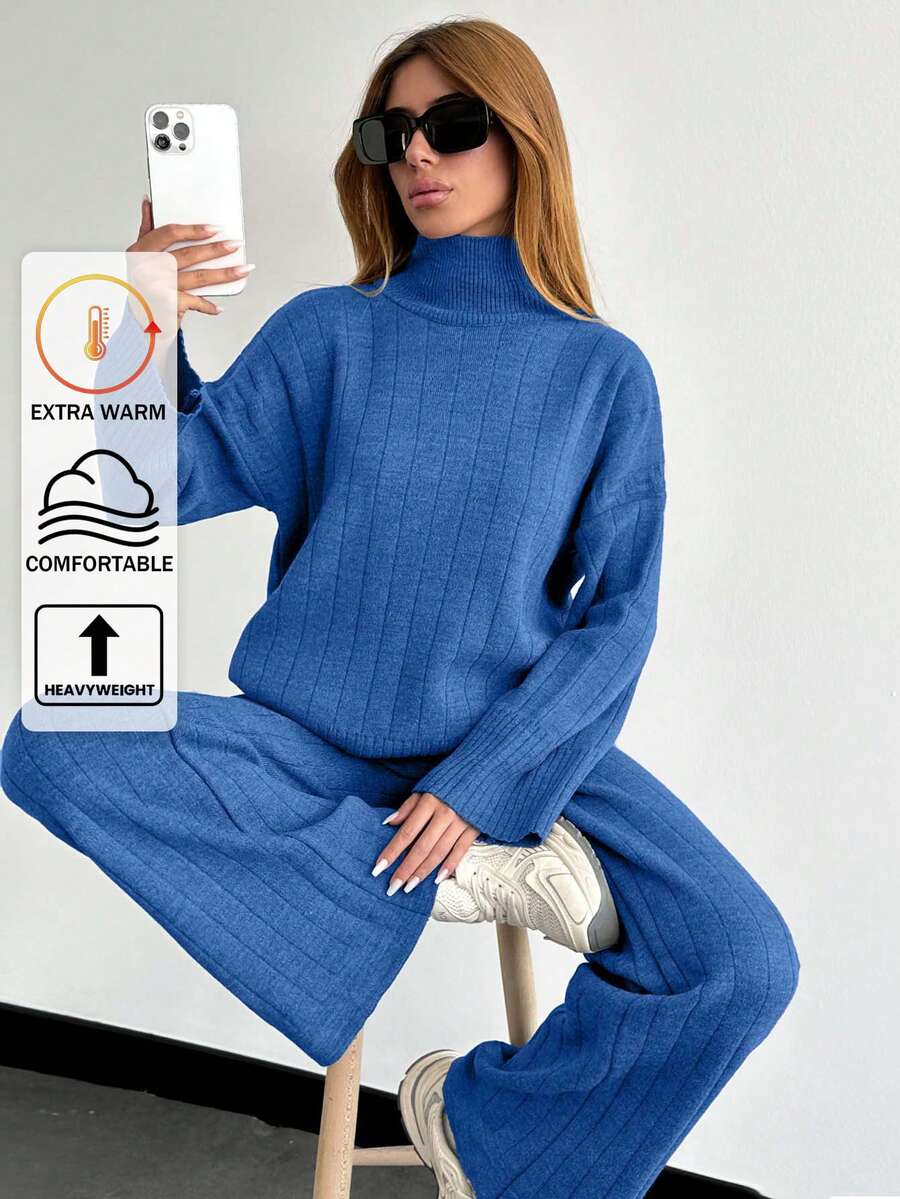 EURMUSE Solid Color Long-Sleeved Sweater And Knitted Trousers Two Pieces Set,Petite,Winter Clothes - Royal Blue - View 1