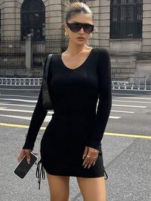 DAZY Women V-Neck Bodycon Drawstring Hem Short Sweater Dress - Black - View 3