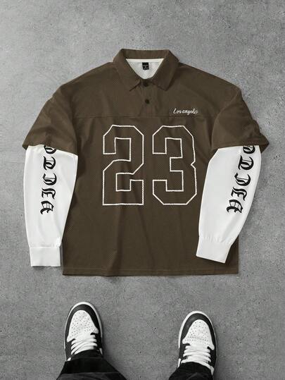 Manfinity Sporsity Men's Colorblock Half-Button Long Sleeve Printed Mesh Polo Shirt