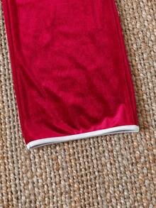 SHEIN Teen GirlChristmas Velvet Pajama Set, Elegant & Comfortable Long Sleeve Top And Straight Leg Pants, Autumn/Winter Home Wear Red Pajama Set Red Pj Set Girls Clothes Red Red Two Piece Outfit Red 2 Piece Sets 13y Girls