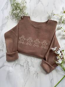 INAWLY Áo nỉ cổ tròn in hình bánh gừng Giáng sinh dành cho nữ - Màu Khaki - Xem 4