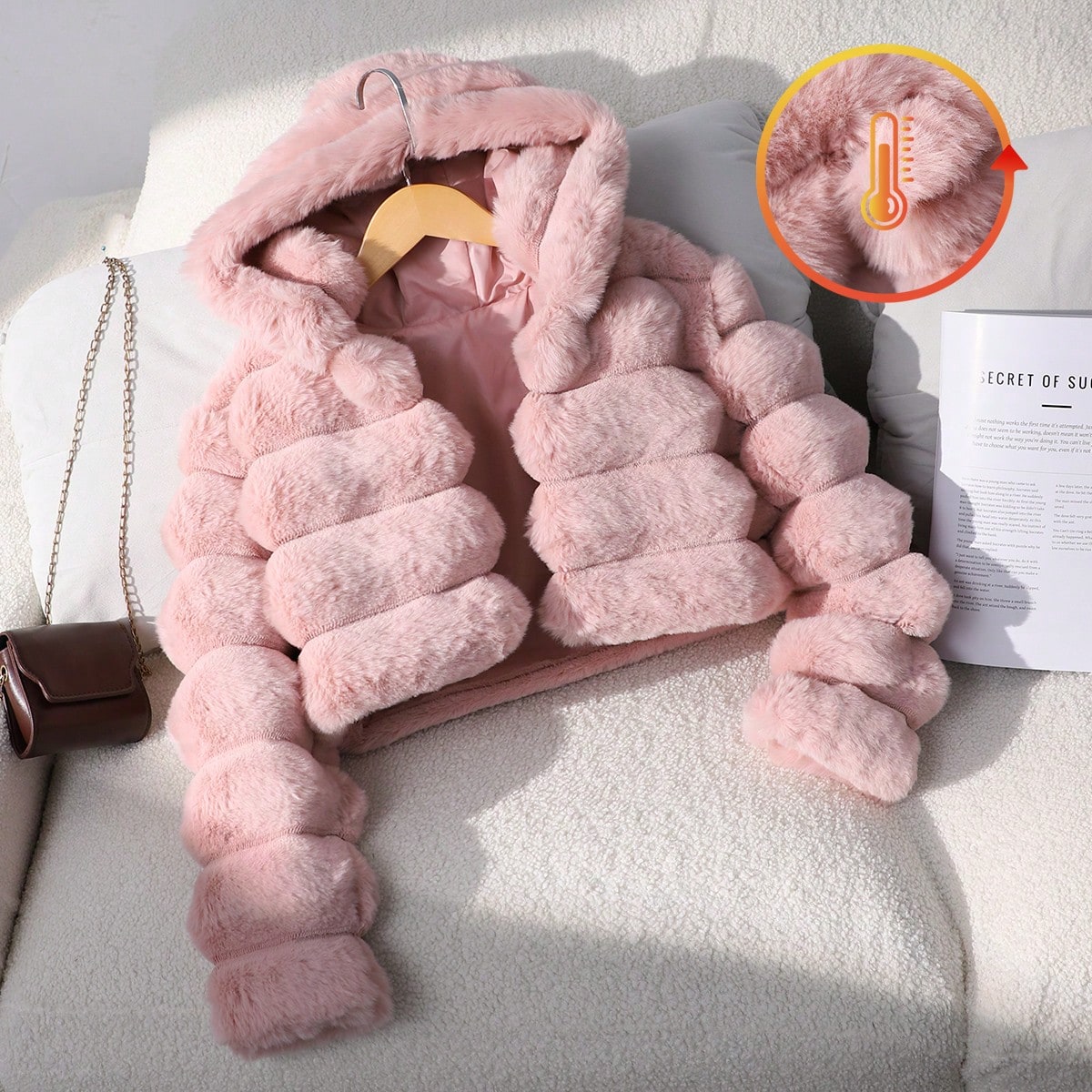 Pieza Chaqueta de niña de piel sintética suave, abrigo corto con capucha de manga larga y ajustado, adecuado para otoño/invierno