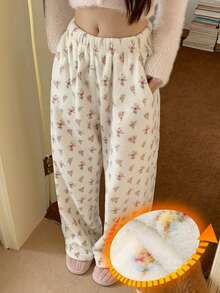 DAZY 女士花卉图案加厚绒毛睡裤，冬季保暖舒适 - 米色 - 查看 1