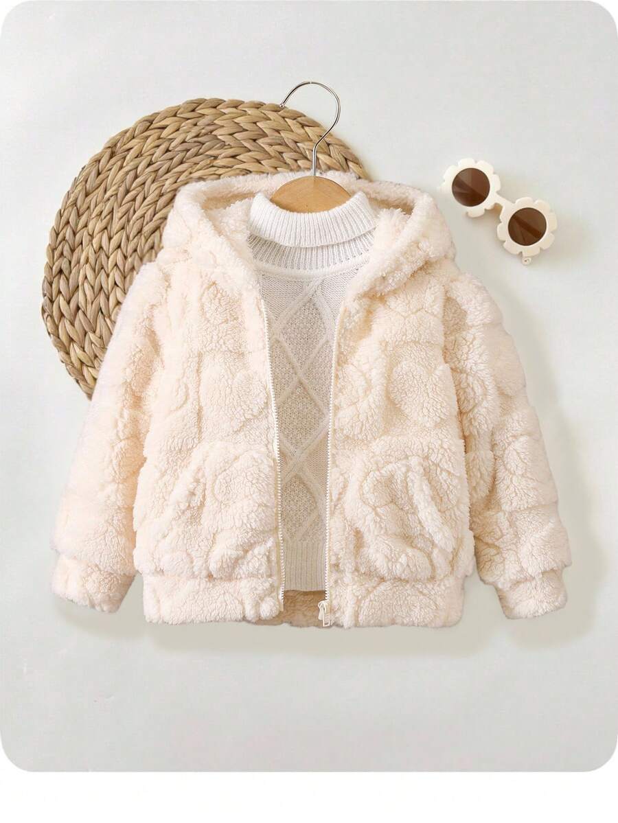 Baby Girls Casual Solid Color Cute Fluffy Hooded Jacket,In Fall/Winter - Apricot - View 1