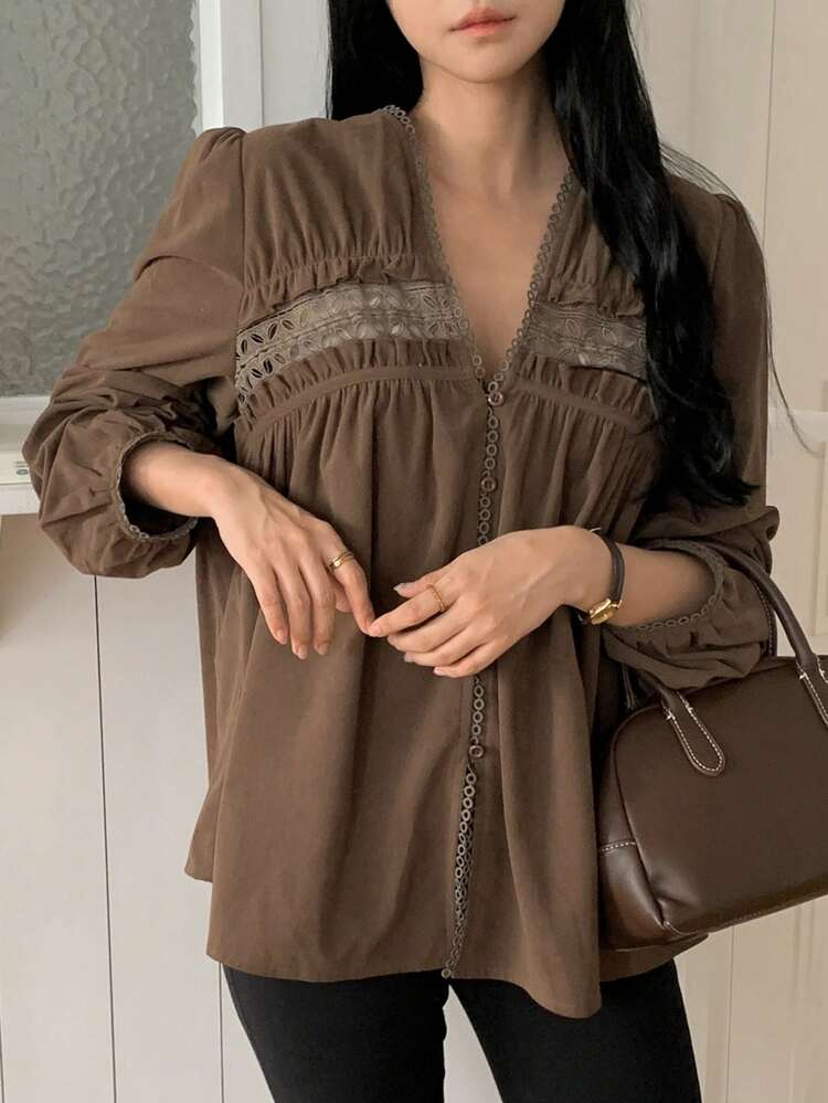 Solid Color Loose Lace Trim Long Sleeve Elegant Resort Blouse For Women, Autumn/Winter